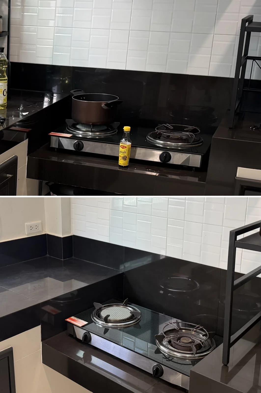 Before and after: a gas hob with a pot and a sauce bottle on it, then the hob and black counter cleared and wiped