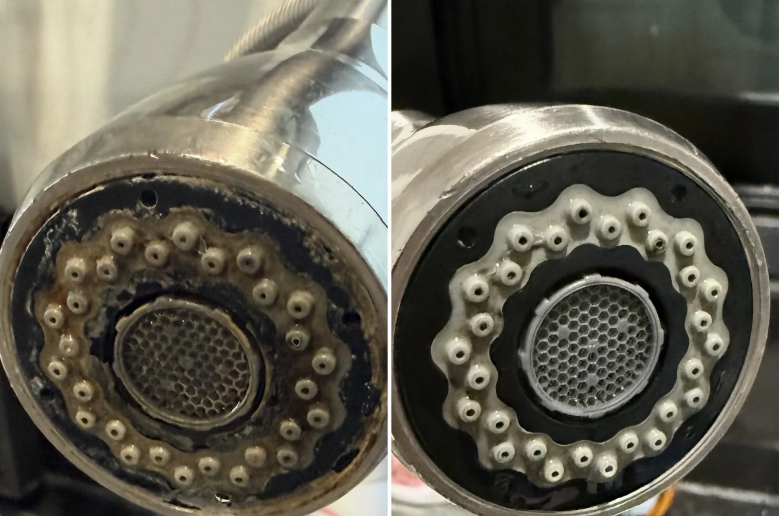 Before and after: a kitchen tap spray head with nozzles caked in brown limescale, then clean, back to its own grey