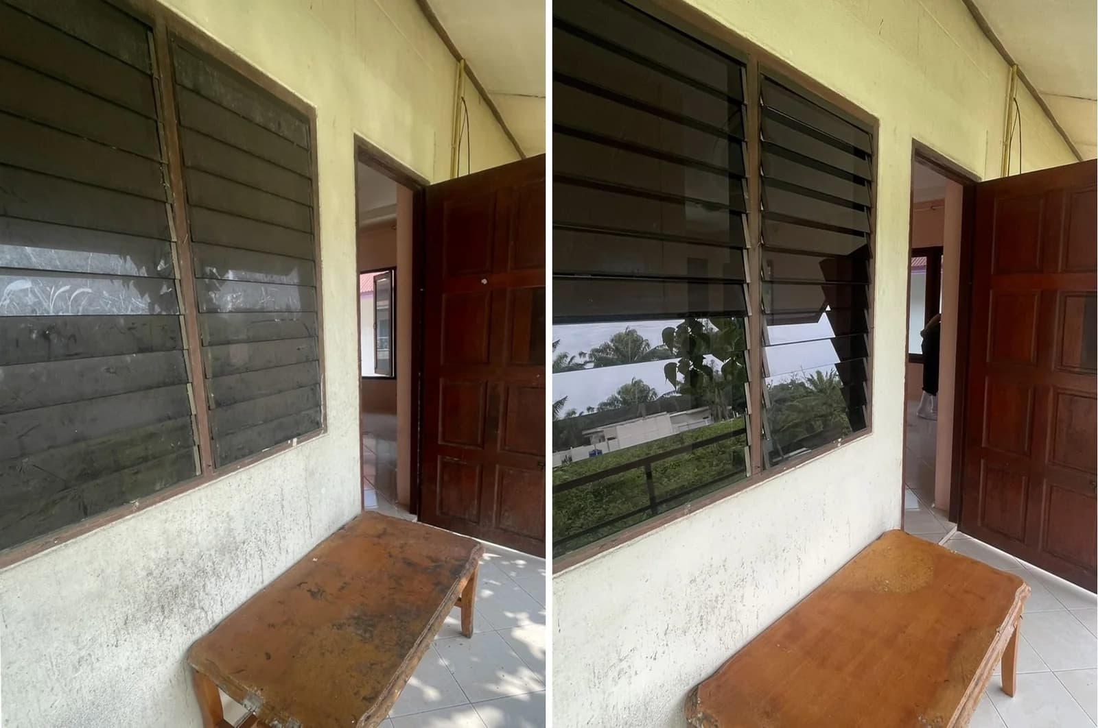 Before: glass louvres grey with dust above a stained wooden bench. After: clear dark glass and a wiped bench