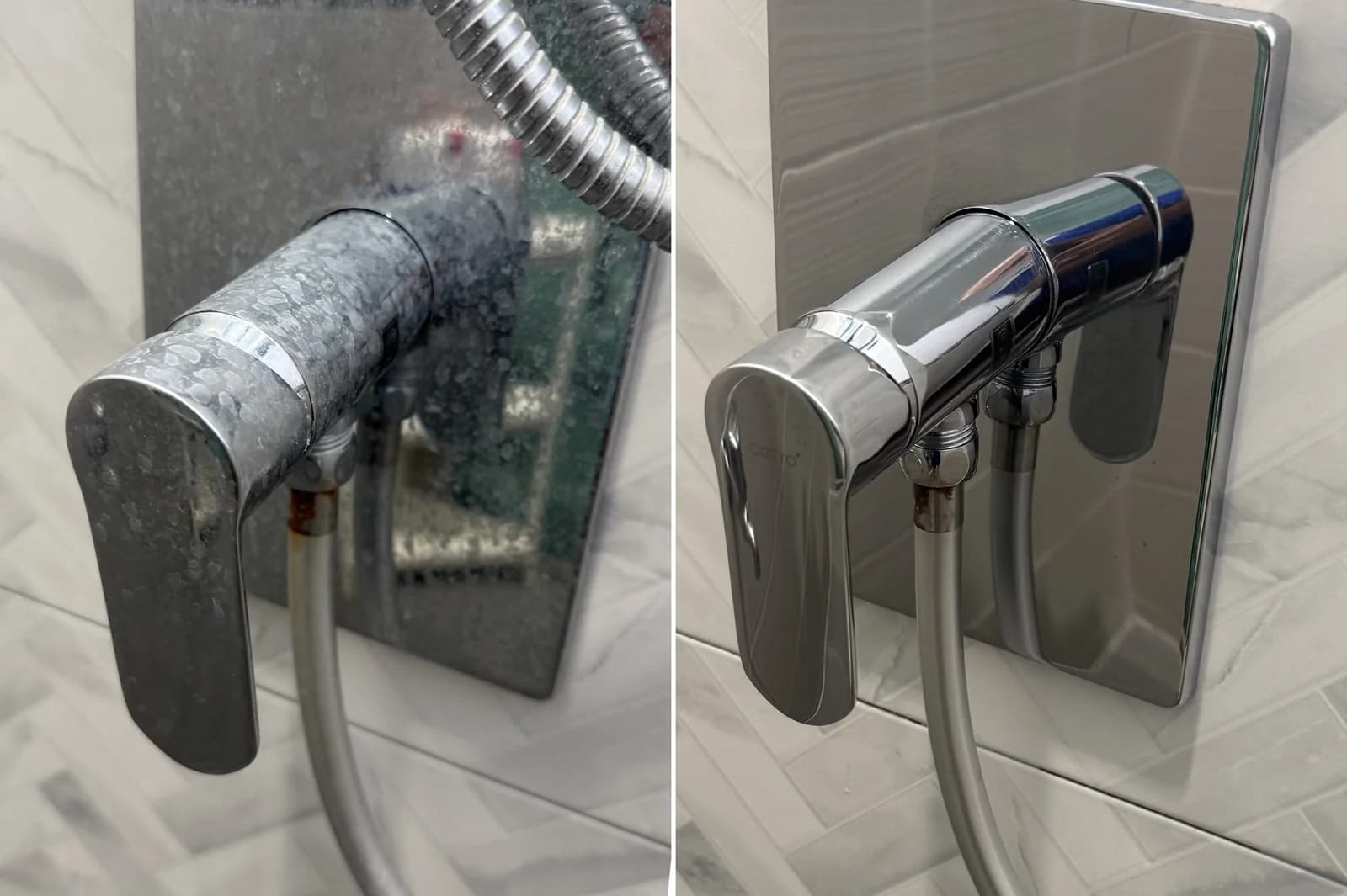 Before and after: a chrome shower mixer covered in white limescale spots, then polished to a clear shine