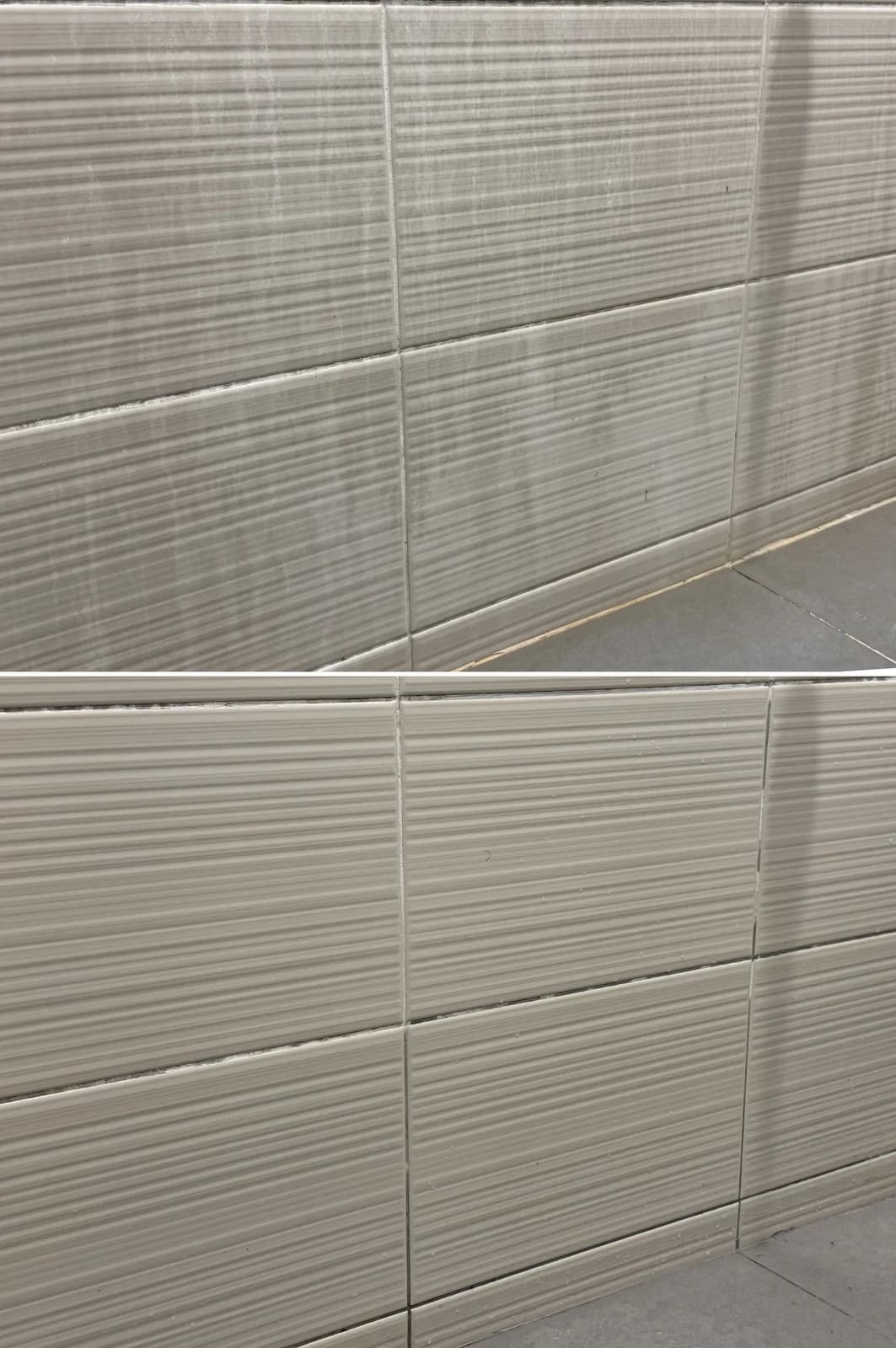 Before and after: striped shower wall tiles with grey soap scum streaks, then even and clean