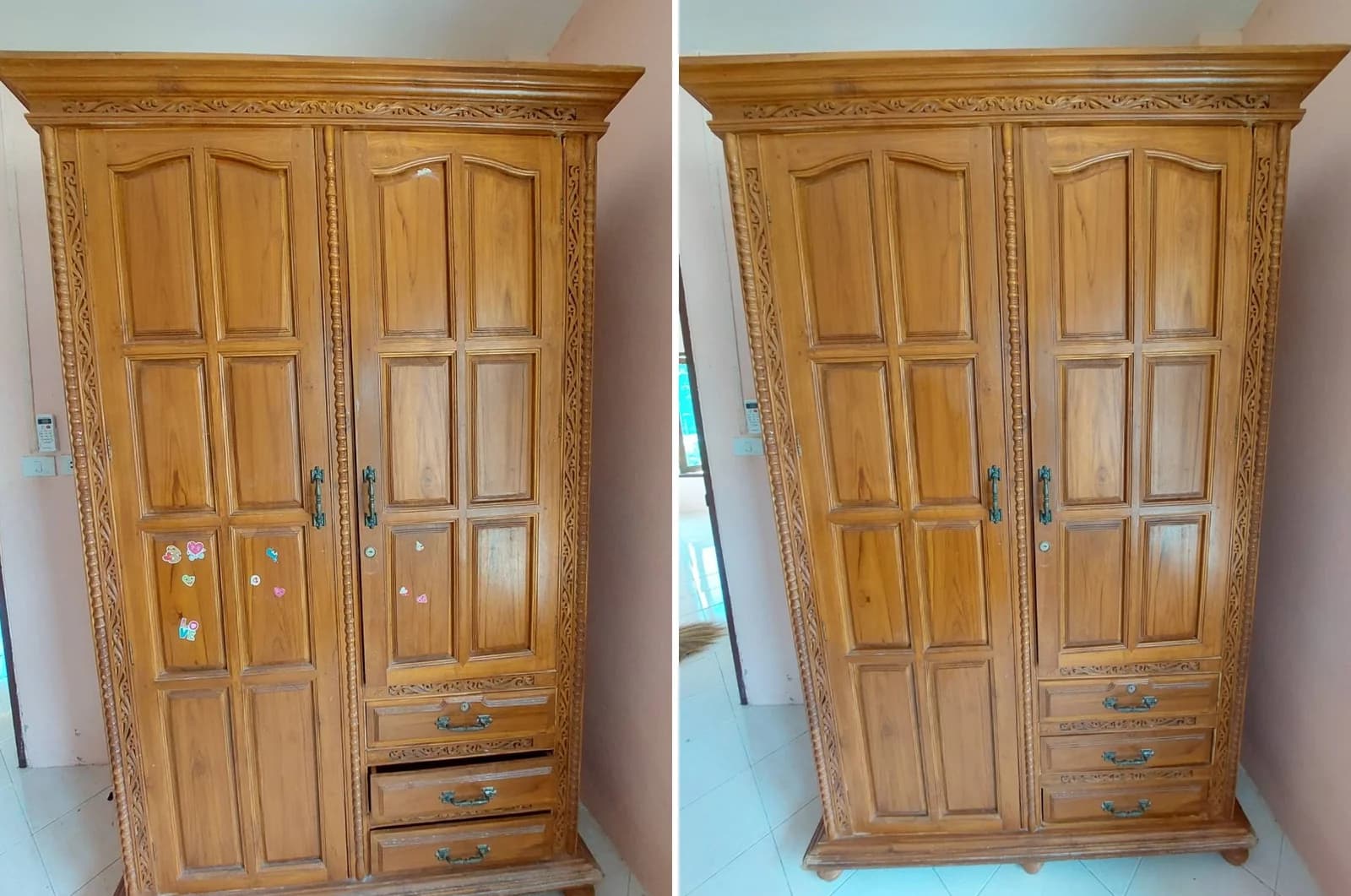 Before: carved teak wardrobe with stickers on its doors and a drawer open. After: the same wardrobe with clean doors