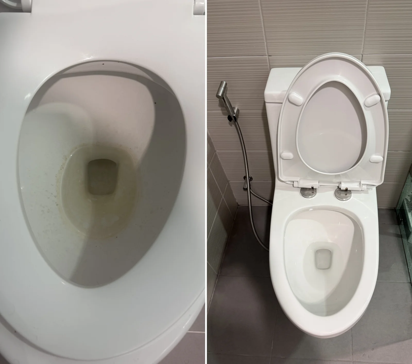 Before and after: a toilet bowl with a yellow water line and dark specks, then the whole toilet clean and white